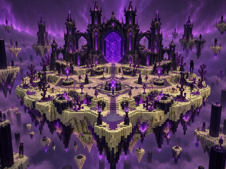 The EndRock hub: a dark End castle with a glowing purple portal on a floating End Stone island, surrounded by Endermen
